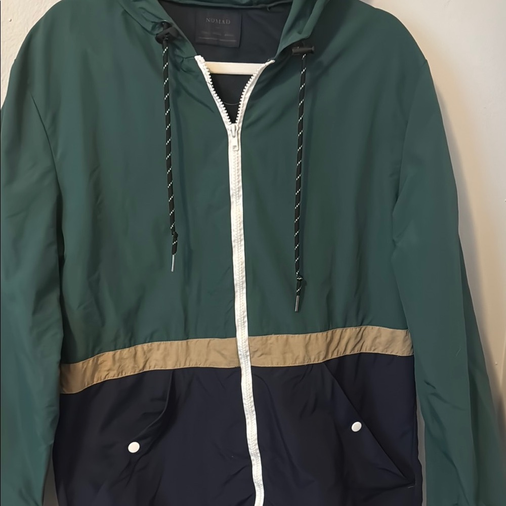 Nomad Green and Blue Windbreaker with Hood and Color Blocking